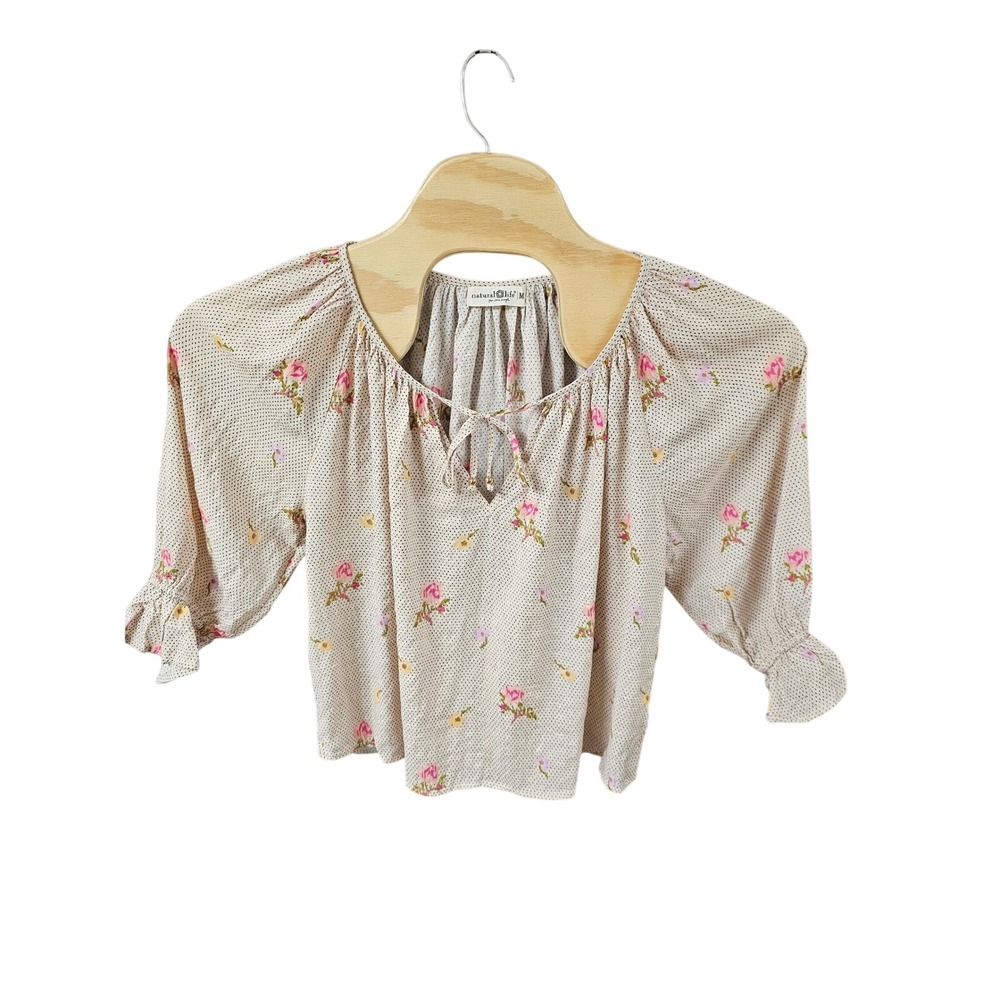 Natural Life Floral Polka Dot Peasant Blouse Cream Pink Boho Top Medium